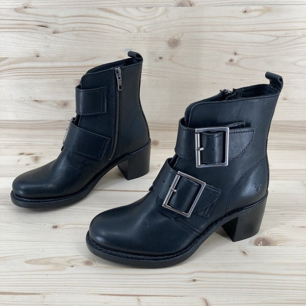 Frye Sabrina Double Buckle Black Leather Zipper Stacked Heels Mid Calf Boot 6M - Picture 3 of 16